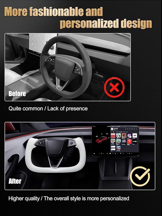 ZIMABLUE Yoke Steering Wheel For Tesla Model 3 Highland Accessories 2024 2025, White Nappa Leather with Side Glossy Carbon Fiber for Tesla Model 3 Highland 2024-2025 With Heating Function