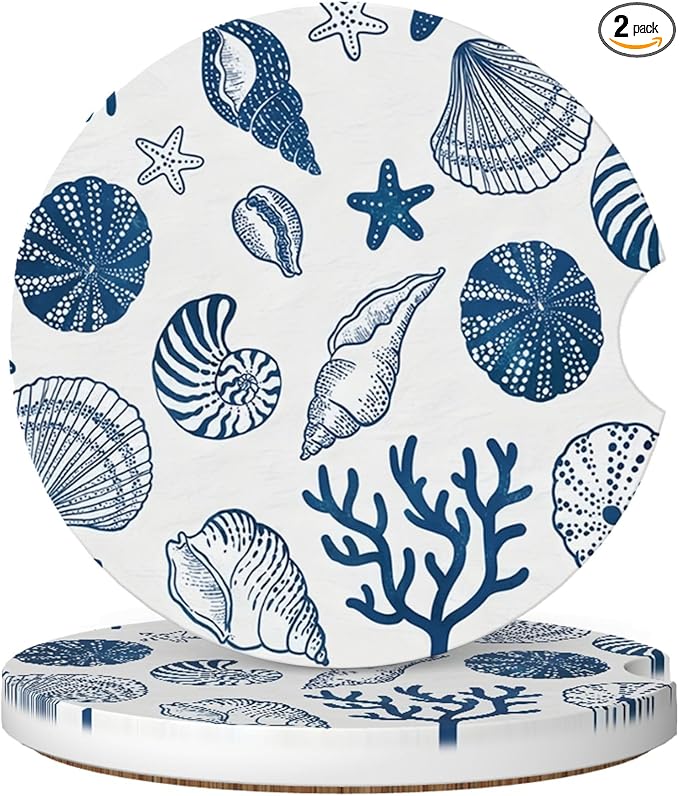 Absorbent Car Coasters for Cup Holders, 2 Pack Universal Anti Slip Ceramic Cup Coaster for Women Men 2.56 Inch Car Interior Accessories - Blue Sea Shell 013