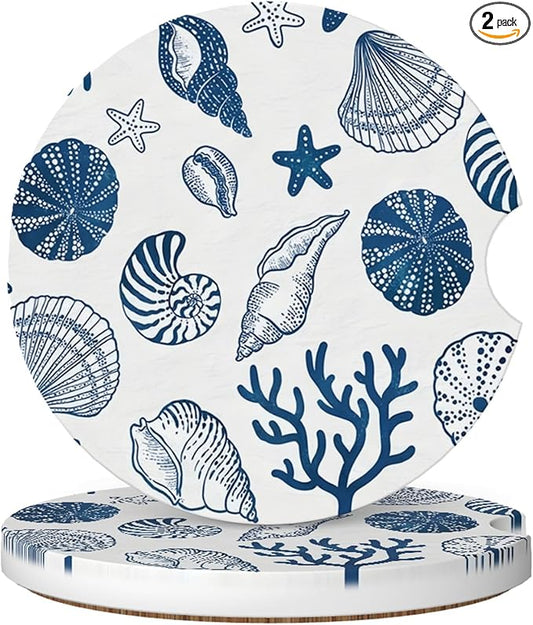 Absorbent Car Coasters for Cup Holders, 2 Pack Universal Anti Slip Ceramic Cup Coaster for Women Men 2.56 Inch Car Interior Accessories - Blue Sea Shell 013