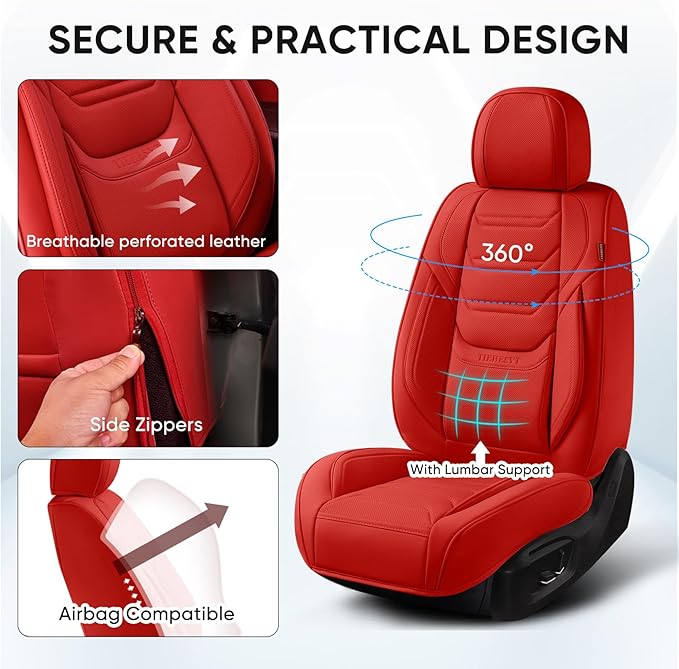 Leather Car Seat Covers Full Set with Lumbar Support, Waterproof Car Seat Cover, Universal Seat Covers for Cars, Trucks, SUVs, Sedans, Airbag Compatible, Front Pair and Rear, Red