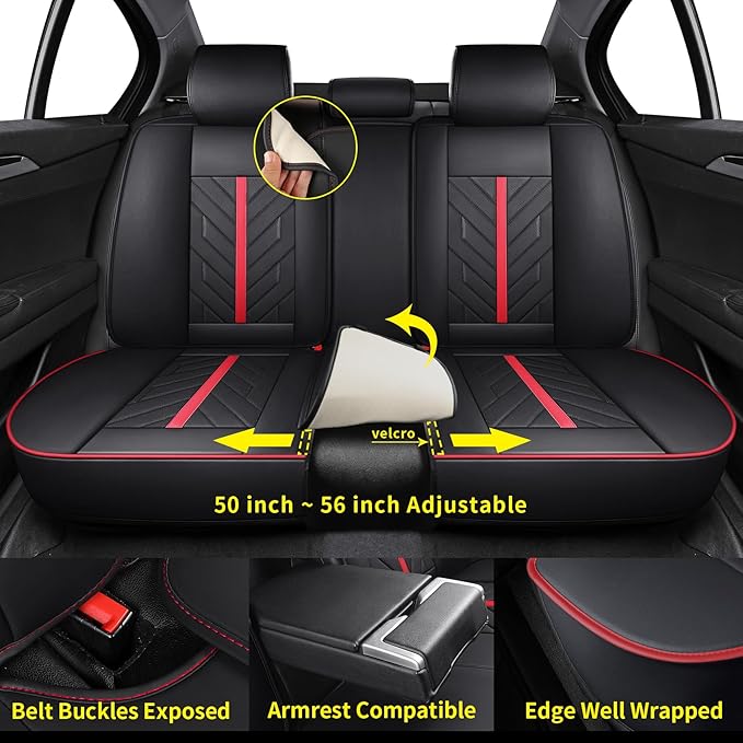 Tomatoman Car Seat Covers Full Set,Universal Automotive Waterproof Leather Vehicle Cushion Full Coverage Protectors Fit for Most Sedans SUV Pick-up Truck(Full Set/Black-Red)
