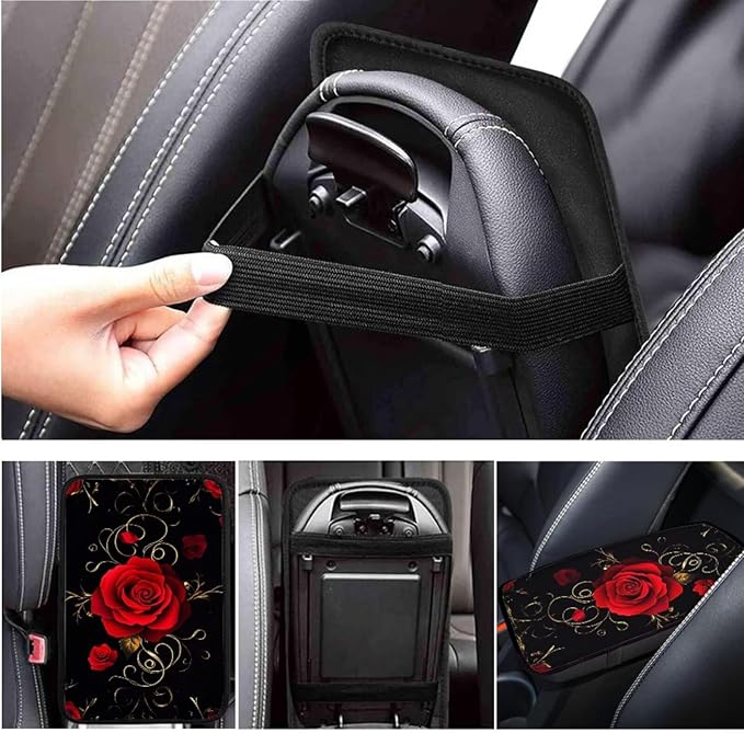 Flower Print Car Decor Set for Women Girls Red Rose Steering Wheel Cover Cup Holder Handbrake Gear Cover Car Interior Accessories -6pcs