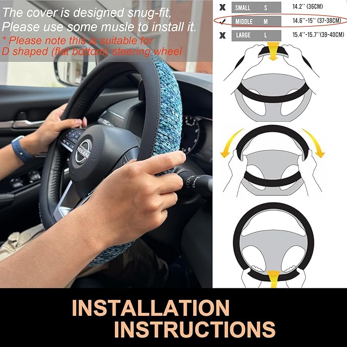 PINCTROT D Shaped Chenille Leather Steering Wheel Cover, Soft Mottled Colors, Sweat-Proof, Non-Slip Grip, All-Season Comfort, Flat Bottom 14.5-15 Inch(Mottled Blue)