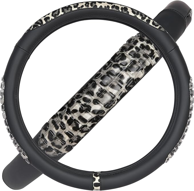 Flying Banner car Steering Wheel Cover Gel Massage Velvet Cool Warm Universal Size 15 inches SUV Truck Anti Slip Odorless Summer Winter (Black Gray Leopard Print, Gel Massage)