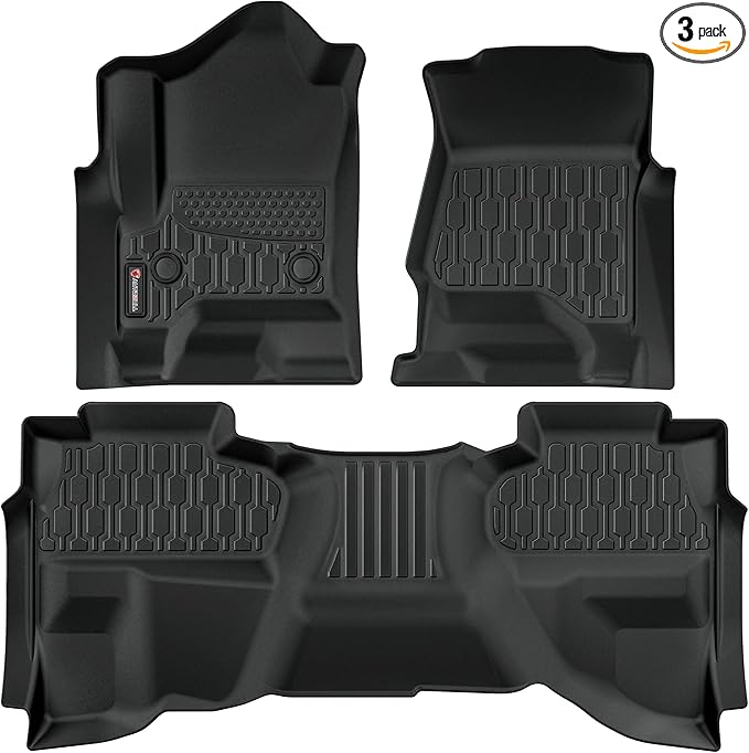Floor Mats Compatible with Chevrolet Silverado & GMC Sierra 1500 Double Cab 2014-2018, All Weather TPE Floor Liners, Custom Fit Car mats, 1st & 2nd Row, Black