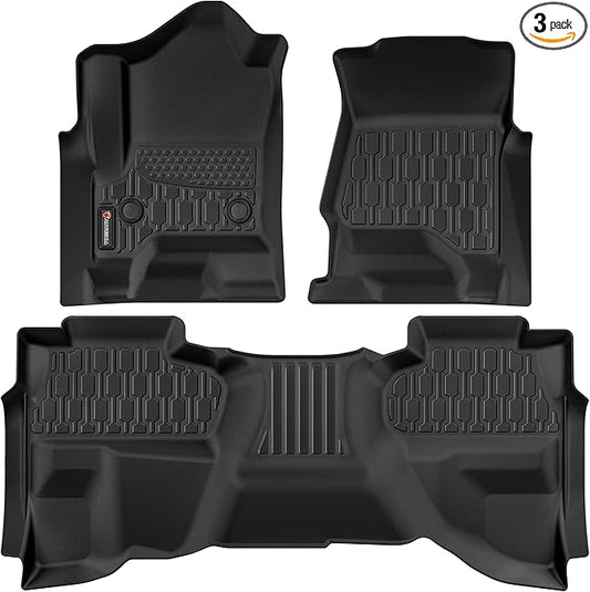 Floor Mats Compatible with Chevrolet Silverado & GMC Sierra 1500 Double Cab 2014-2018, All Weather TPE Floor Liners, Custom Fit Car mats, 1st & 2nd Row, Black
