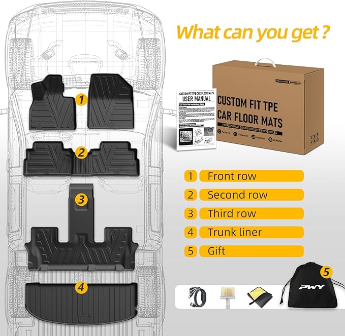 Floor Mats & Cargo Liner for Kia Telluride 2020–2024 2025 (7 & 8 Seat), All Weather Protection, Heavy Duty Floor Mats, Waterproof Car Mats, TPE, Custom Fit, Anti-Slip Car Accessories, Full Set, Black