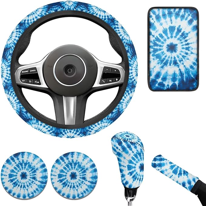 Blue Tie-Dye Car Steering Wheel Cover Set for Men Women 6 Pcs Car Interior Decor Cup Coaster Handbrake Cover Universal Fit Auto,Suvs,Truck