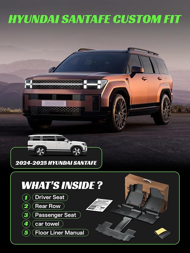 TPE All-Weather Floor Mats for Santa Fe 2024 2025 (Not for Hybrid)| Custom Fit Heavy Duty Truck Floor Liners | Front & Rear Row Protection | Durable, Odorless (4-Piece Set, Black)