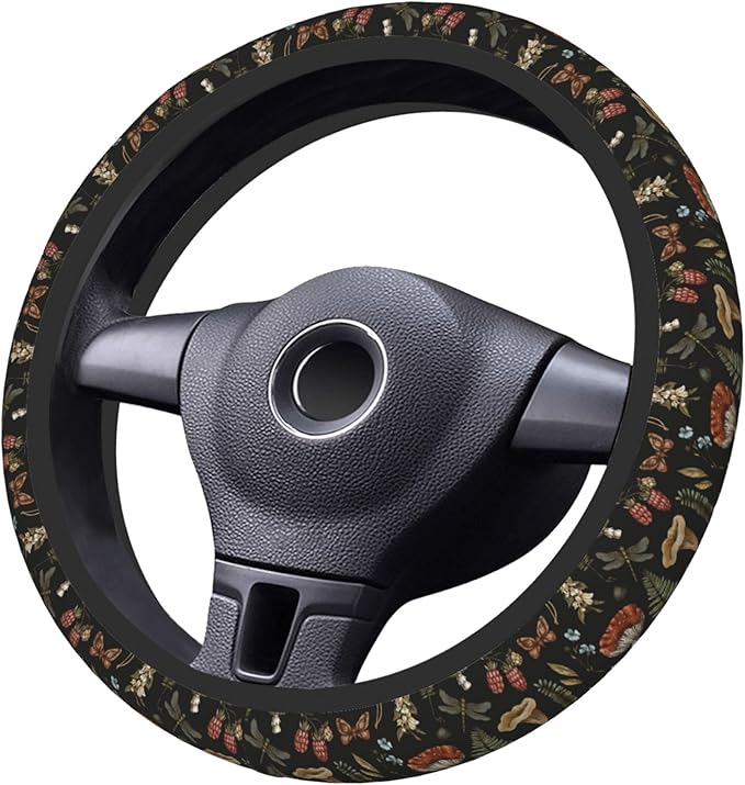 Vintage Mushroom Leaf Steering Wheel Cover for Women, Universal 15 inch Breathable Anti Slip Steering Wheel Covers for Cars, Auto, SUVs
