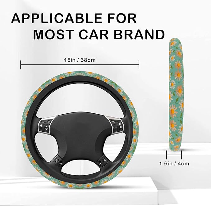 Personalized Floral Daisy Flowers Steering Wheel Cover, Non-Slip Breathable Neoprene Elastic Stretch Universal Car Accessories 14.5–15 inch