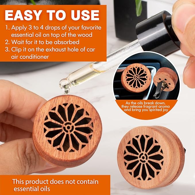 Essential Oil Car Diffuser, 2 PCS Gothic Flower Car Aromatherapy Wood Diffuser with Vent Clip