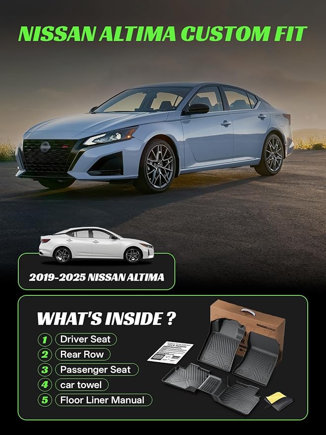 TPE All-Weather Floor Mats for Nissan Altima 2019-2024 2025 | Custom Fit Heavy Duty Truck Floor Liners | Front & Rear Row Protection | Durable, Odorless, Easy to Clean (3-Piece Set, Black)