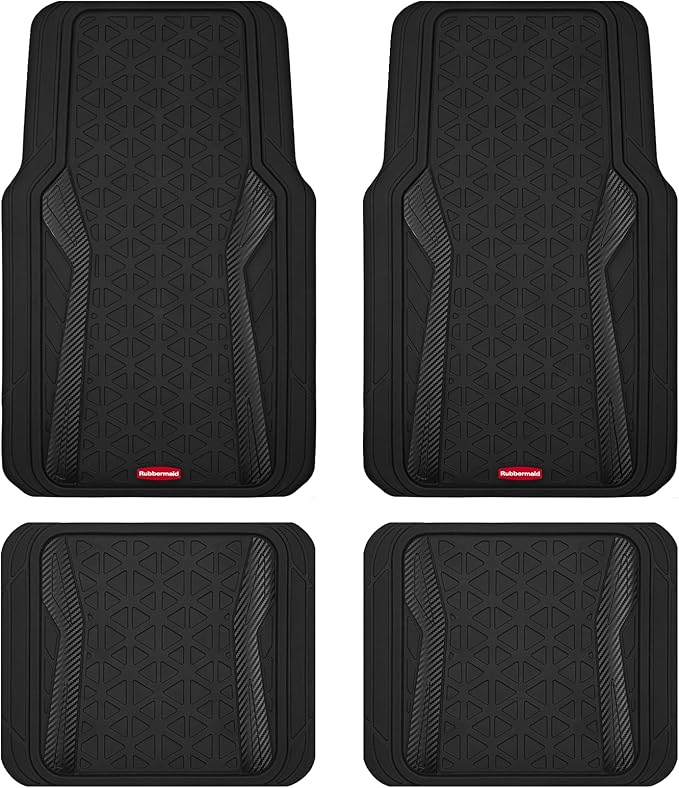 Rubbermaid Car Floor Mats Full Set, Premium Heavy Duty All-Weather Car Mats– Rugged Rubber with Brushed Aluminum Inserts, Universal Trim-to-Fit, Anti-Slip Backing for Cars, SUVs, Trucks & Vans - Black