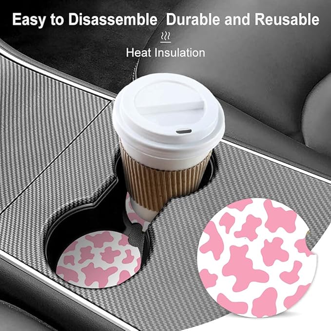 Pink Cow Print Absorbent Cup Holders Car Coasters,Ceramic Stone Drinks Coaster Set for Women Man 2.56"(2 Pack)