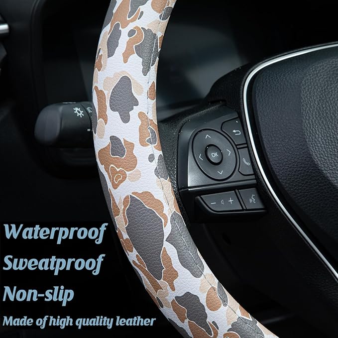 Tan Duck Camo Steering Wheel Cover Auto Leather Steering Wheel Protector, Anti-Slip, Breathable, Absorbing Sweat, Universal Camo Car Accessories 14.5–15 inch,Fit for Most Car, Trucks, SUV