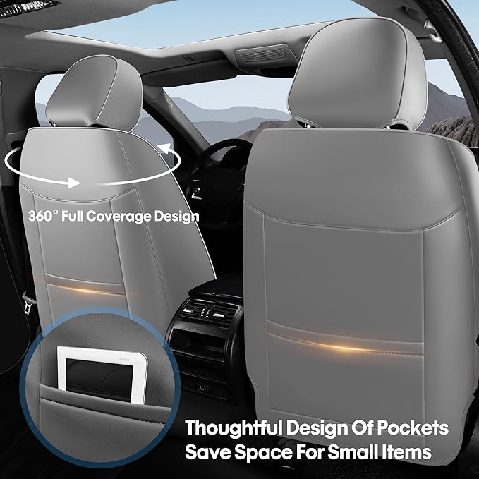 AOOG Seat Covers Custom Fit for Dodge Ram 1500/2500/3500 2002-2025 Faux Leather Seat Cover Set Compatible with Crew, Regular, Quad, Mega Cab, Waterproof Car Truck Cushions (Grey, Front Seat)