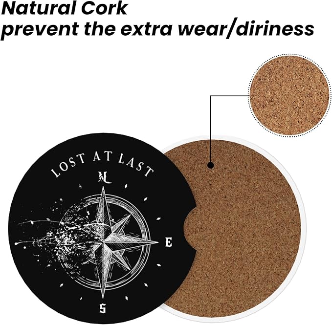 Absorbent Car Coasters for Cup Holders, 2 Pack Universal Anti Slip Ceramic Cup Coaster for Women Men 2.56 Inch Car Interior Accessories - Compass Lost at Last 023