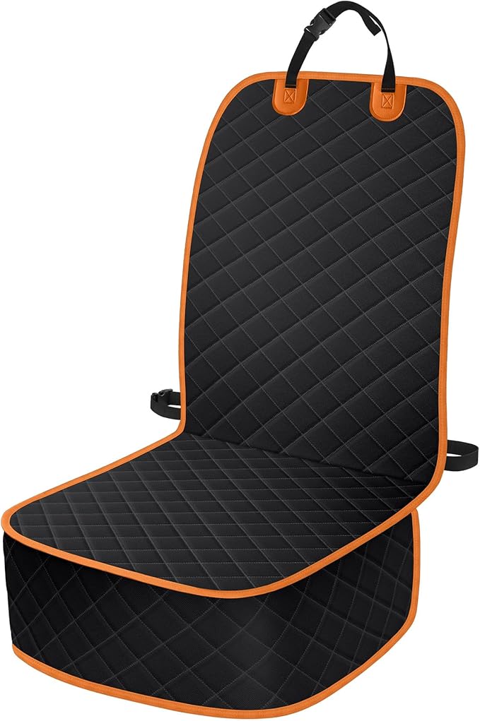 Dog Car Seat Covers, Waterproof Front Seat Cover for Dogs, Scratch-Proof, Nonslip Pet Passenger Seat Cover Protector, Universal Fit for Cars Trucks SUVs, Large Size, Black with Orange