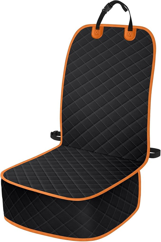 Dog Car Seat Covers, Waterproof Front Seat Cover for Dogs, Scratch-Proof, Nonslip Pet Passenger Seat Cover Protector, Universal Fit for Cars Trucks SUVs, Large Size, Black with Orange
