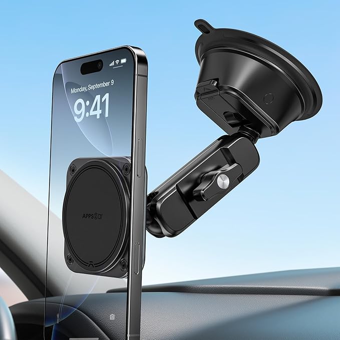 APPS2Car Heavy-Duty Vacuum Suction Phone Mount [Industrial 20x N55 Magnet, Alloy Arm, Ultra-Stable Suction Cup] for iPhone MagSafe/Samsung/All Phone, Magnetic Phone Holder for Car Windshield Dashboard