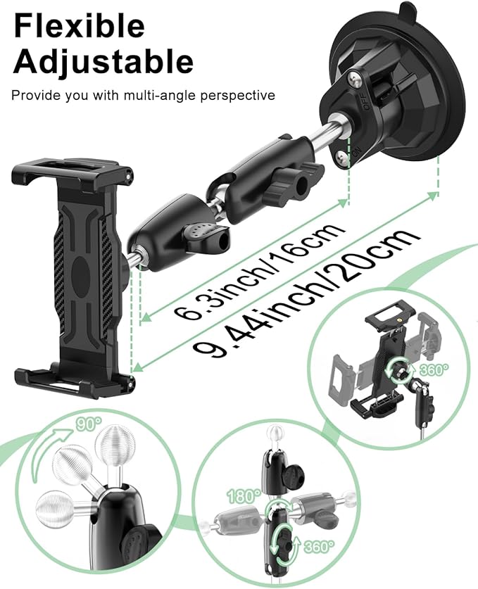 Dashboard Tablet Holder with Vacuum Suction Cup for Car/Truck, [360° Metal Foldable Adjustable Arm] Windshield Tablet Mount for iPad Pro/Air/Mini, Galaxy, 6.1-15.6" Device and Thickness Case