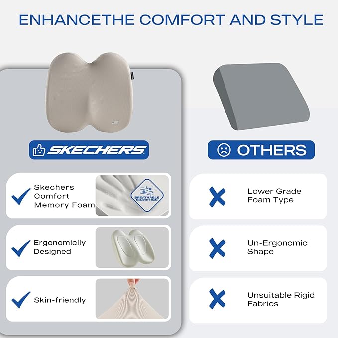 Skechers Memory Foam Seat Cushion,Ribbed Fabric Office Chair Cushion for Tailbone Pain Relief,Butt Pillow for Office Chair,Car Seat Cushion,Long Sitting Office Workers,and Car Drivers,Beige