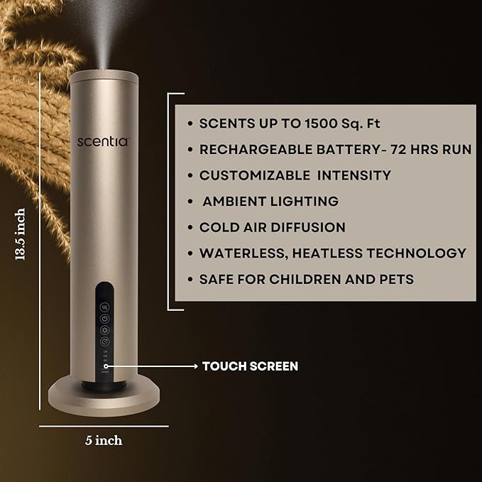 Scentia Max Diffuser for Home – Waterless Scent Diffuser with Wireless Control & Programmable Settings | Covers 1500 Sq Ft | Cold-Air Technology | Gold | Hotel Oils Included