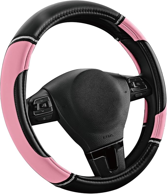 Road Comforts Leather Steering Wheel Cover - Made with PVC Leather - Anti-Slip, Universal Fit 14 1/2 inches to 15 inches - Pink