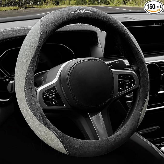 OURTIME Faux Suede Car Steering Wheel Cover, Universal 15 inch,Anti-Slip, Comfortable, Soft,Microfiber Breathable Suede Fabric,Warm in Winter and Cool in Summer (Gray with Silver)