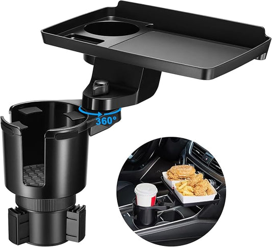 This Hill Cup Holder Tray for Car, 2 in 1 Detachable Car Food Table Tray with Solid Base & Phone Slot,Car Cup Holder Expander with 360°Rotation Tray for Travel Road Essentials