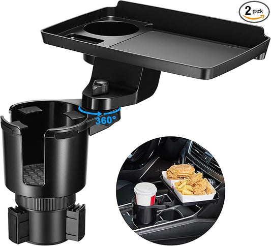 This Hill 2 Pack Cup Holder Tray for Car, 2 in 1 Detachable Car Food Table Tray with 3.93" Base & Phone Slot,Car Cup Holder Expander with 360°Rotation Tray for Travel Road Essentials Accessories