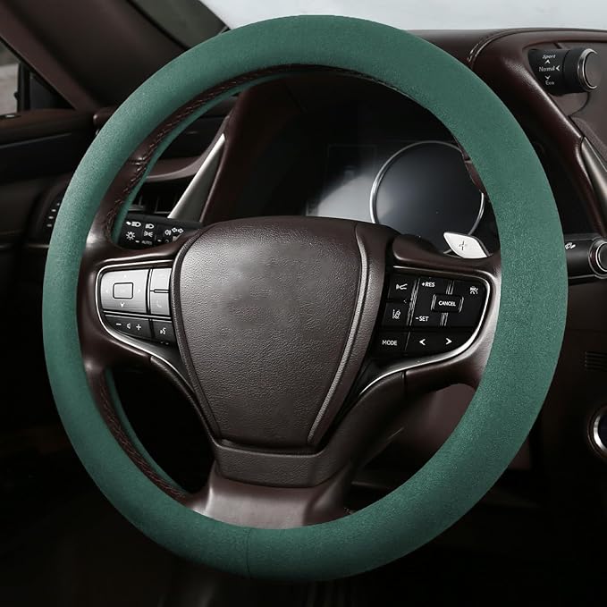 Suede Steering Wheel Cover with Upgraded Silicone Inner Ring, Breathable, Anti-Slip, Leather Universal 14.5 to 15 Inch Steering Wheel Cover (Pure Green)