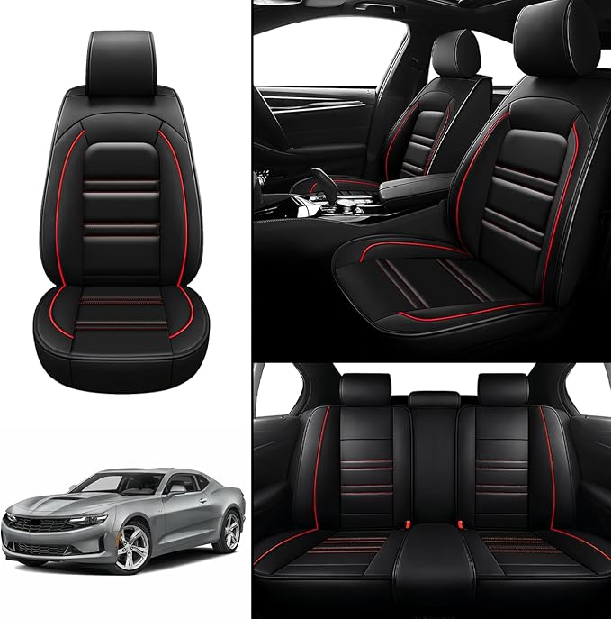 Seat Covers for Camaro 2000-2023 | 5-Seats Leather Seat Covers, Easy to Install Automotive Seat Covers Full Set (Full Set, Black&Red Line)