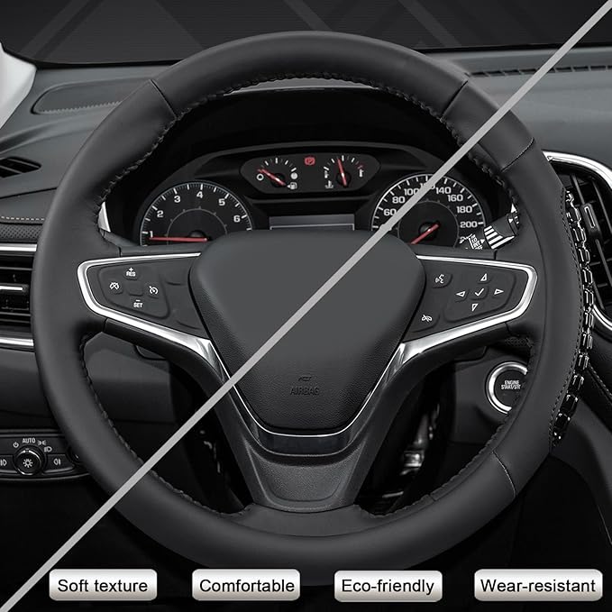 West Llama Nappa Leather Car Steering Wheel Cover Gel Massage,Cool in Summer,Universal 15 inch(Black-Standard Size)