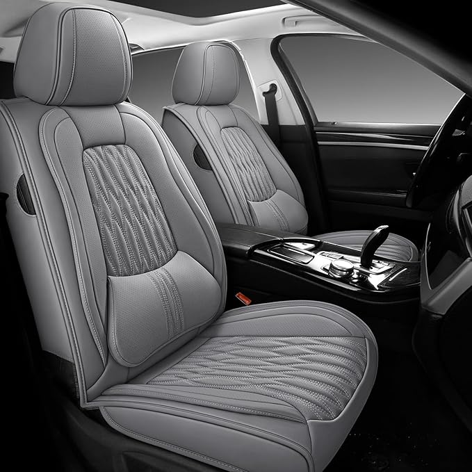 WELLDO Car Seat Covers Full Set, Premium Nappa Leather Seat Covers for Car, Waterproof Car Seat Protector with Lumbar Support, Automotive Seat Covers Universal Fit for Most Cars SUV Truck,Gray,w02.