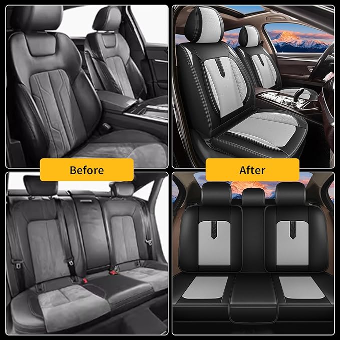 AOMSAZTO Car Seat Covers Fit for Chevrolet Malibu 2009-2025 2026 Full Set Leather Car Seat Cover Automotive Seat Cushion Seat Protector Waterproof Compatible Airbag(5 Seats,Black&Gray)