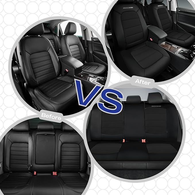 Skechers Memory Foam Seat Covers,Thick Cool Touch Fabric Car Seat Covers,Seat Cover Full Set Airbag Compatible,Automotive Comfort Protection for Most Cars,Vans,Trucks,SUV,Black