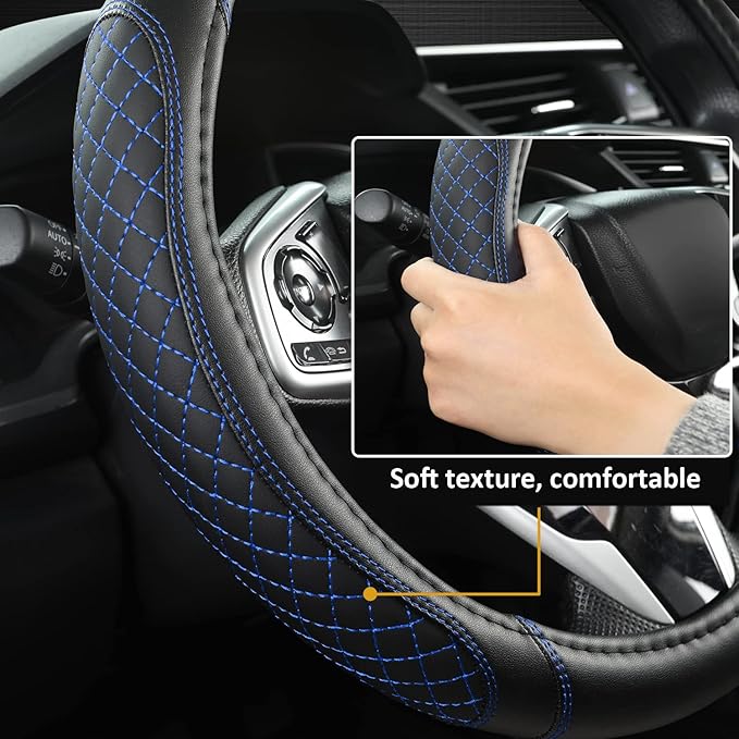West Llama Microfiber Leather Car Steering Wheel Cover Universal Fit 15-15.5 inch SUV,Sedan,Car,Trucks(Black+Blue Line-M-Large Size)