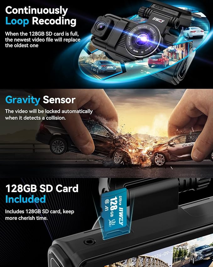 iiwey N7 3 Channel Dash Cam Front and Rear Inside 3K+1080P+1080P with 128GB SD Card, 5GHz WiFi, Rotatable Side Camera for Car, IR Night Vision, 24/7 Recording, G-Sensor, Parking Mode
