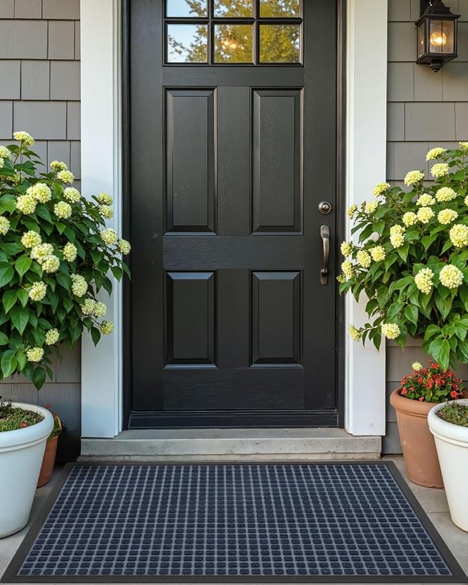 DEXI Front Door Mat Outside Entrance, Rubber Entry Doormat Heavy Duty, Welcome Mats Non Slip for Inside House Floor Entryway Back Doors Exterior Patio, 17x29 Squares Blue