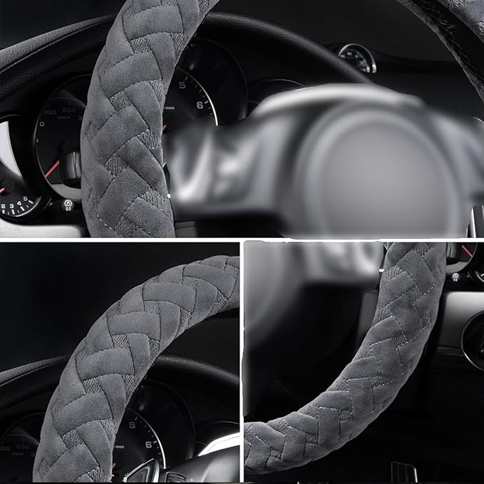 Flying Banner car Steering Wheel Cover Massage Velvet Warm Universal Size 15 inches SUV Truck Anti Slip Odorless Summer Winter (Gray, Velvet Massage)