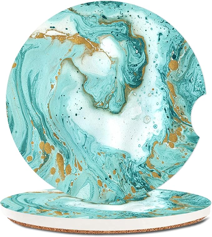 Turquoise Gold Marble Absorbent Cup Holders Car Coasters,Ceramic Stone Drinks Coaster Set for Women Man 2.56"(2 Pack)