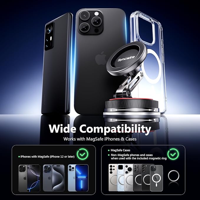 SYNCWIRE for MagSafe Car Mount [2-Axis Design] Nano Adhesive Gel + Suction Cup Magnetic Phone Holder for Dashboard & Windshield, 360° Adjustable for iPhone 17 16 15 14 13 12 11, Samsung, Matte Black