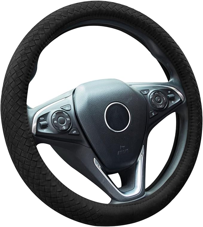 Suede Steering Wheel Cover with Upgraded Silicone Inner Ring, Breathable, Anti-Slip, Leather Universal 14.5 to 15 Inch Steering Wheel Cover (Black with Handwoven Craft)