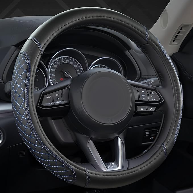 West Llama Microfiber Leather Car Steering Wheel Cover Universal Fit 15-15.5 inch SUV,Sedan,Car,Trucks(Black+Blue Line-M-Large Size)