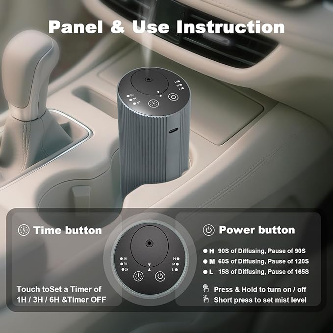 Waterless Essential Oil Diffuser for Home Car Office, Scent Diffuser with 4 Timer (1/3/6H & Off) & 3 Mist(L/M/H), Rechargeable Aromatherapy Diffuser, Portable Mini Air Aroma Diffuser, Silver Grey