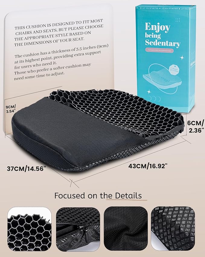 Gel Seat Cushion for Long Sitting & Hip Pain Relief (Large Size) - Cooling 3D Cushions for Office Chair, Car, Wheelchair, Breathable & Non-Slip Cover with Pressure Relief Technology