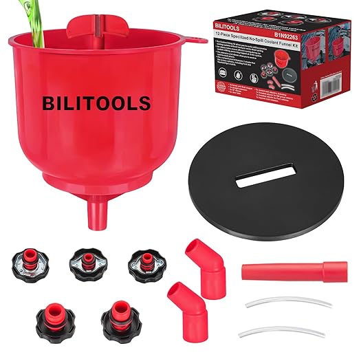 BILITOOLS No-Spill Coolant Funnel Kit - 12PCS Specialized Radiator Coolant Filling Funnel Kit, Radiator Flush Kit Includes 5 Adapters, Extensions, Compatible with Ford GM|Air Bleeding, Drip-Free