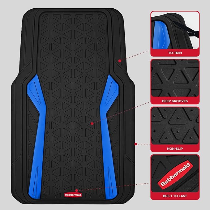 Rubbermaid Car Floor Mats Full Set, Premium Heavy Duty All-Weather Car Mats– Rugged Rubber with Brushed Aluminum Inserts, Universal Trim-to-Fit, Anti-Slip Backing for Cars, SUVs, Trucks & Vans - Blue